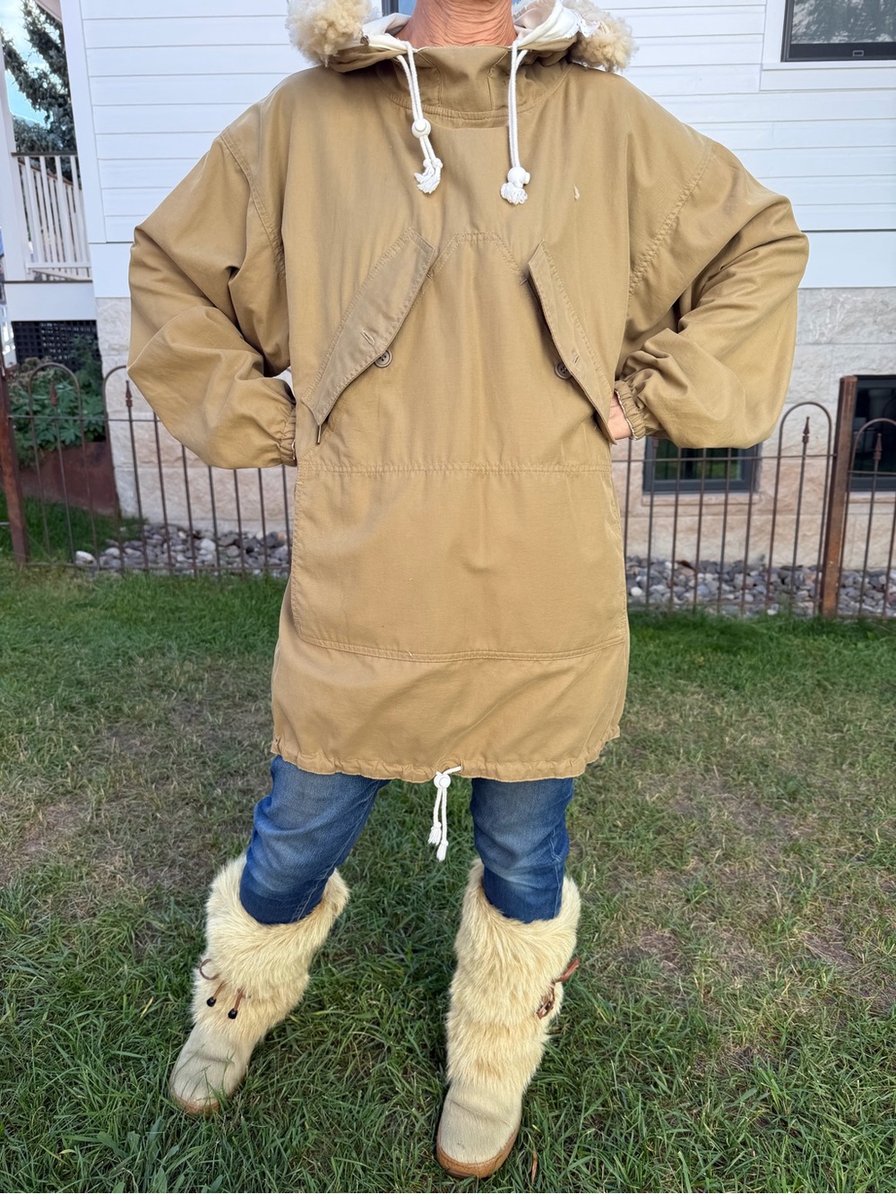Womens tan/cream white, reversible, hooded anorak jacket
